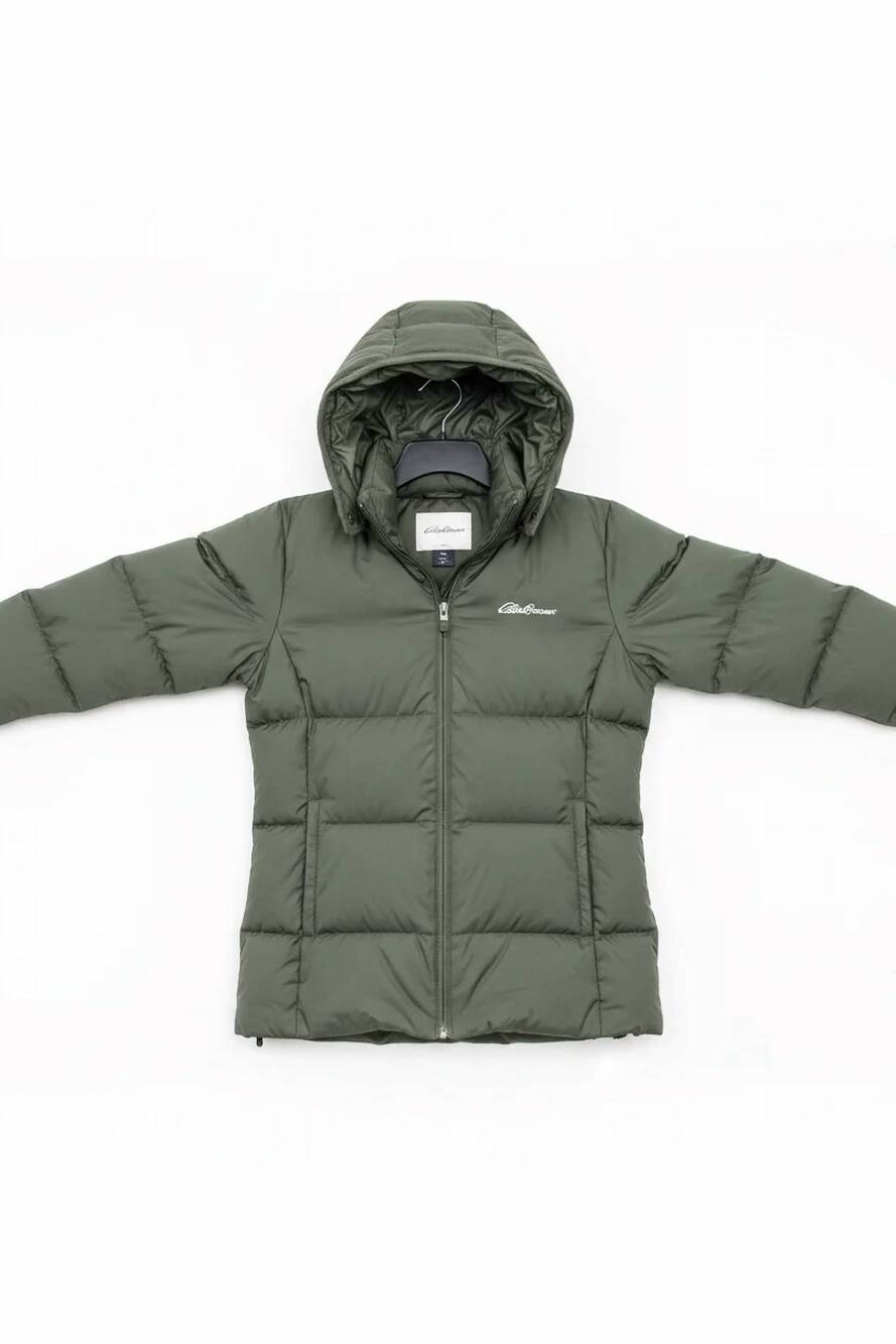 NEW EDDIE BAUER women's ketchum down hooded puffer coat in army green